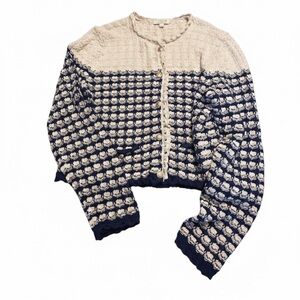 J.Crew Textured Crochet Lady Jacket XL Cream Navy Blue Nautical Cardigan BZ467